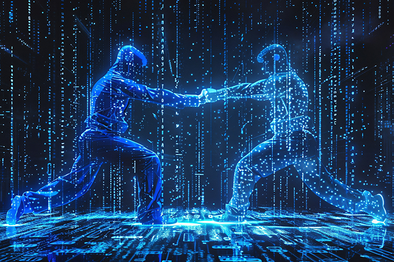 Matrix Fighter Zwei virtuelle Kämpfer in einer blauen Technologiematrix